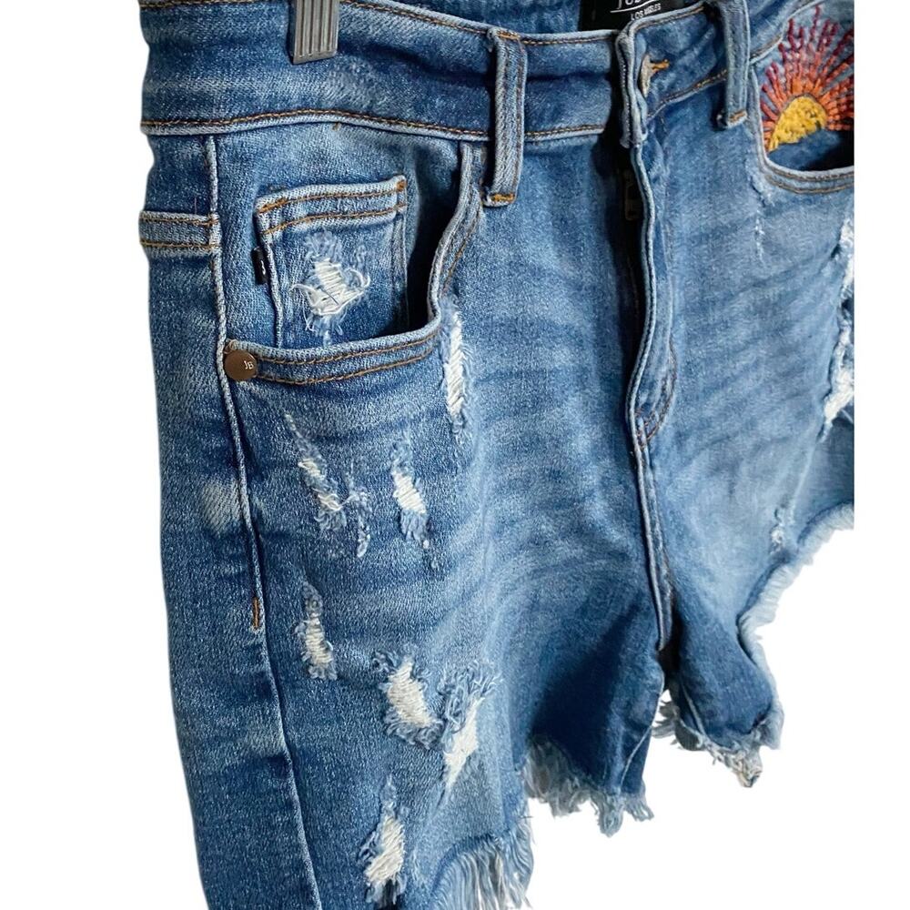 Judy Blue Medium Wash Distressed Jean Shorts with Sun Embroidery - Picture 6 of 13